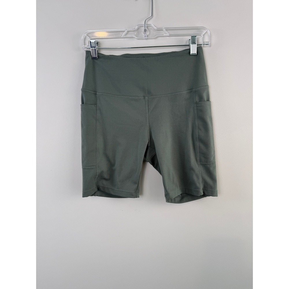 Danskin High Waist Biker Shorts S Sage Green 7" Inseam Side Pockets Activewear